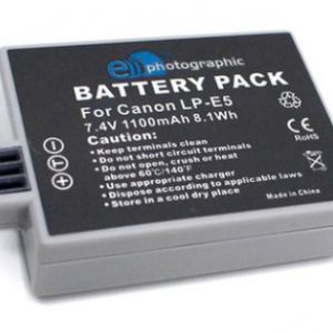 The E-Photographic LP-E5 1100 mAh Lithium Battery for Canon DSLR's is a High Capacity Professional Lithium Battery for Canon DSLR Cameras.