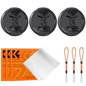 K&F 58mm Set of 3 Centre Pinch Lens Caps with Orange Strings Plus 3x Cloths