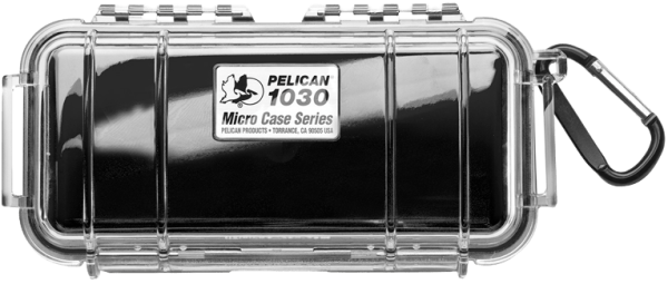 Pelican 1030 Micro Case - Black/Clear Available in clear with color liner or solid Automatic Pressure Equalization Valve – balances interior pressure, keeps water out Carabiner Easy open latch Lifetime Guarantee of Excellence Rubber liner for extra protection doubles as o-ring seal Stainless steel hardware